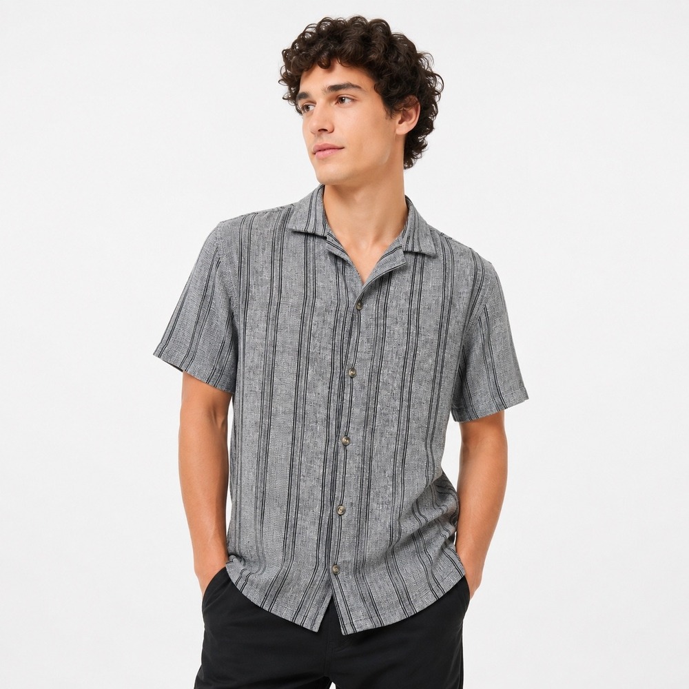 Old Navy Mens Medium Grey Black Striped Linen Blend Short Sleeve Button Down